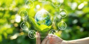 Hand holding light bulb against nature on green leaf with icons energy sources for renewable, sustainable development. Ecology concept. Elements of this image furnished by NASA.